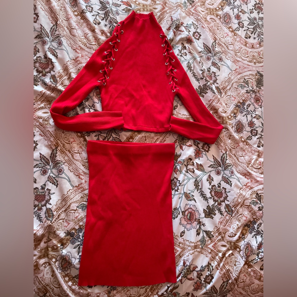 Two-piece set, Red high neck crop top. comes with matching red skirt